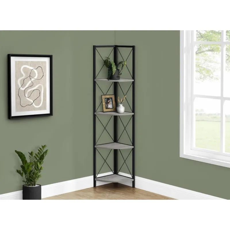 Monarch Bookcase - 4 tier corner etagere - metal frame x-design - 60"h - wood-lo -