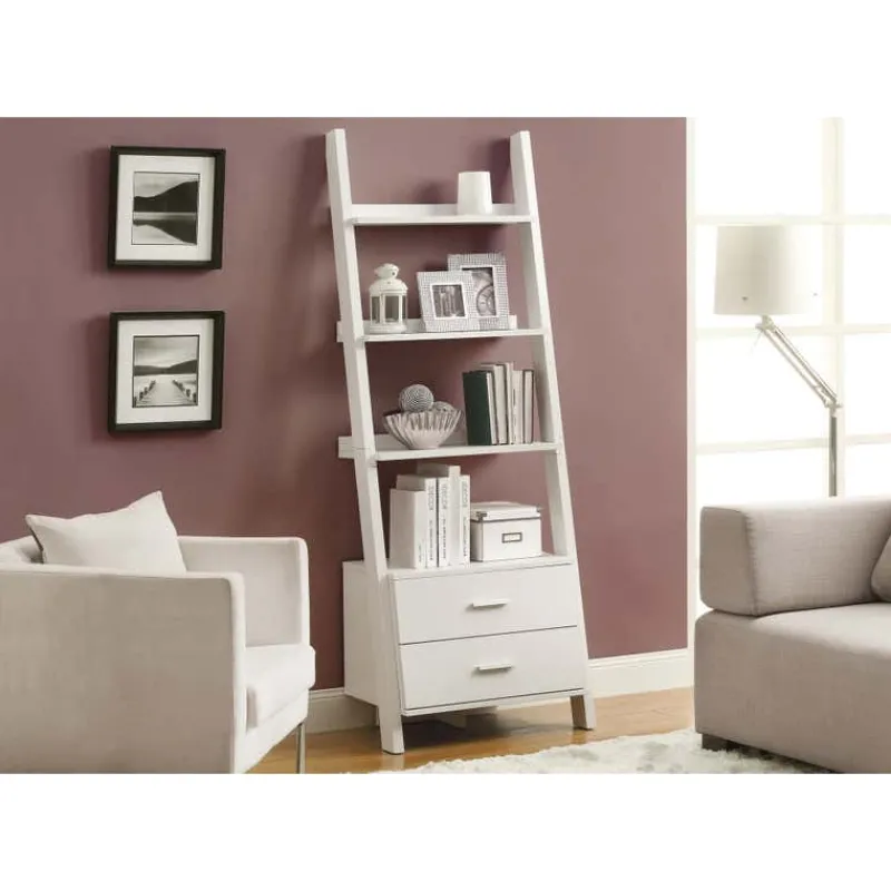 Monarch Bookcase - 69"h / white ladder with 2 storage drawers -