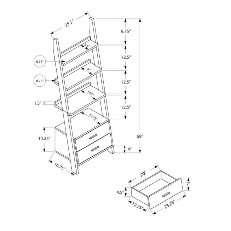 Monarch Bookcase - 69"h / white ladder with 2 storage drawers -