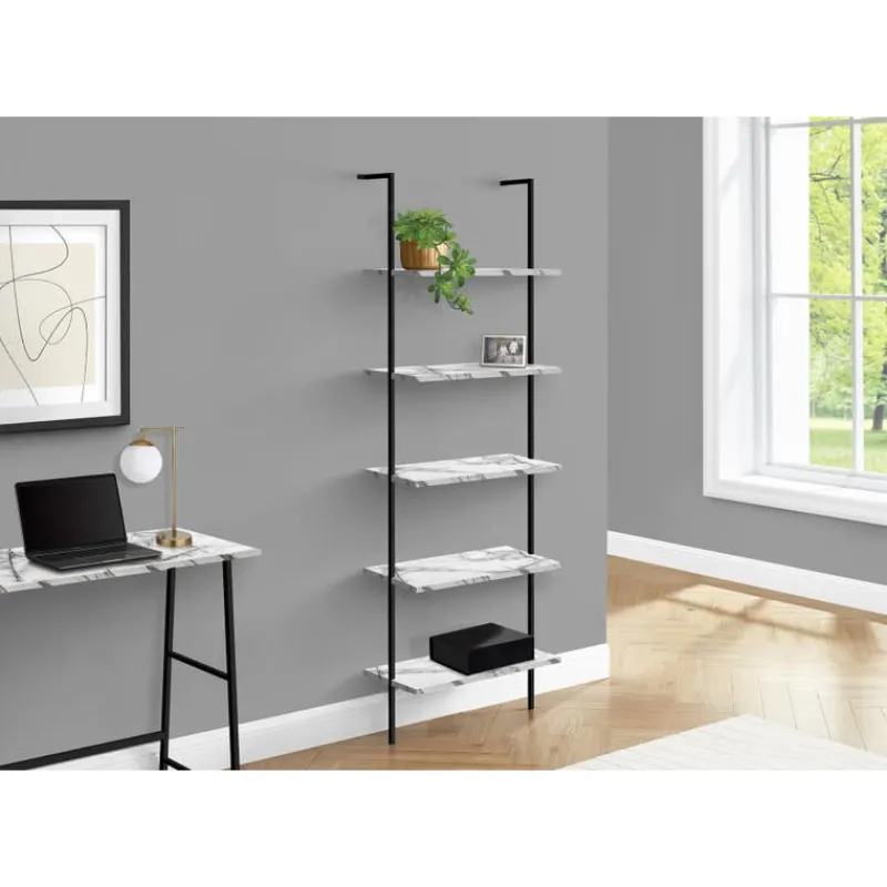 Monarch Bookcase - 72"h ladder marble / black metal -