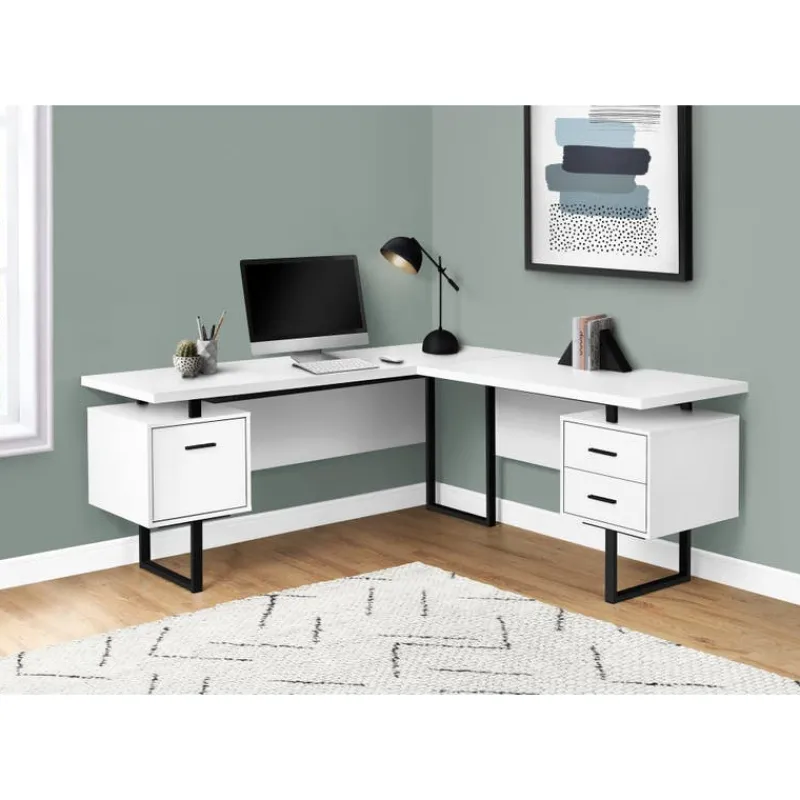 Monarch Computer desk - l-shaped / corner / 3 drawers / metal legs / reversible - 71" -