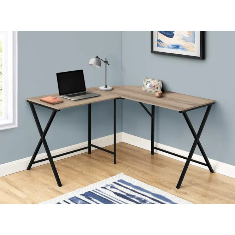 Monarch Computer desk - l-shaped / rounded corner / metal base with x-shaped sides - -