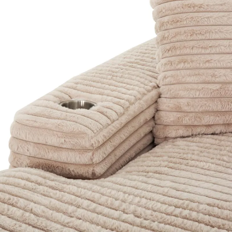 Corduroy Velvet Chaise with Cup Holders and USB Ports - Light Taupe