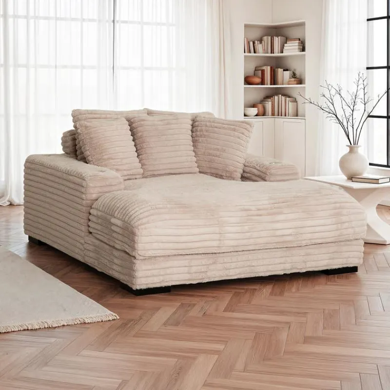Corduroy Velvet Chaise with Cup Holders and USB Ports - Light Taupe