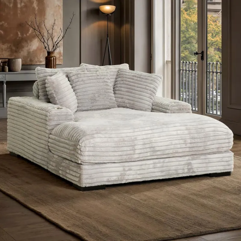 Corduroy Velvet Chaise with Cup Holders and USB Ports -