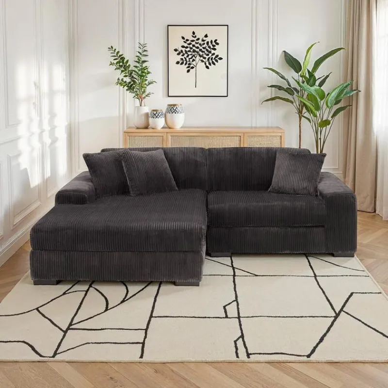 Sofa By Fancy Corduroy Velvet Sectional with Left-Side Chaise - Dark