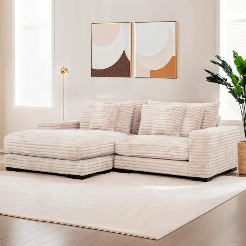 Corduroy Velvet Sectional with Reversible Chaise - Light Taupe