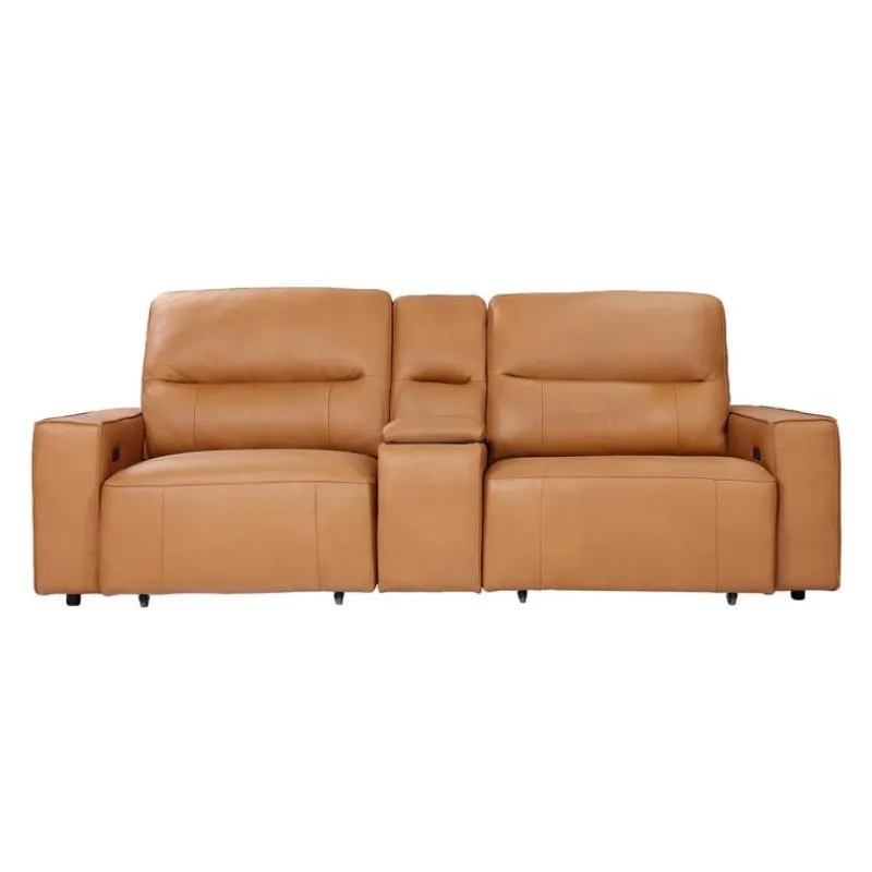 Genuine Leather Modular Loveseat with Power Sliding Seats and Media Console - 3 pcs