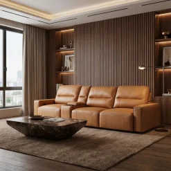 Genuine Leather Modular Sofa with Power Sliding Seats and Media Console - 4 pcs