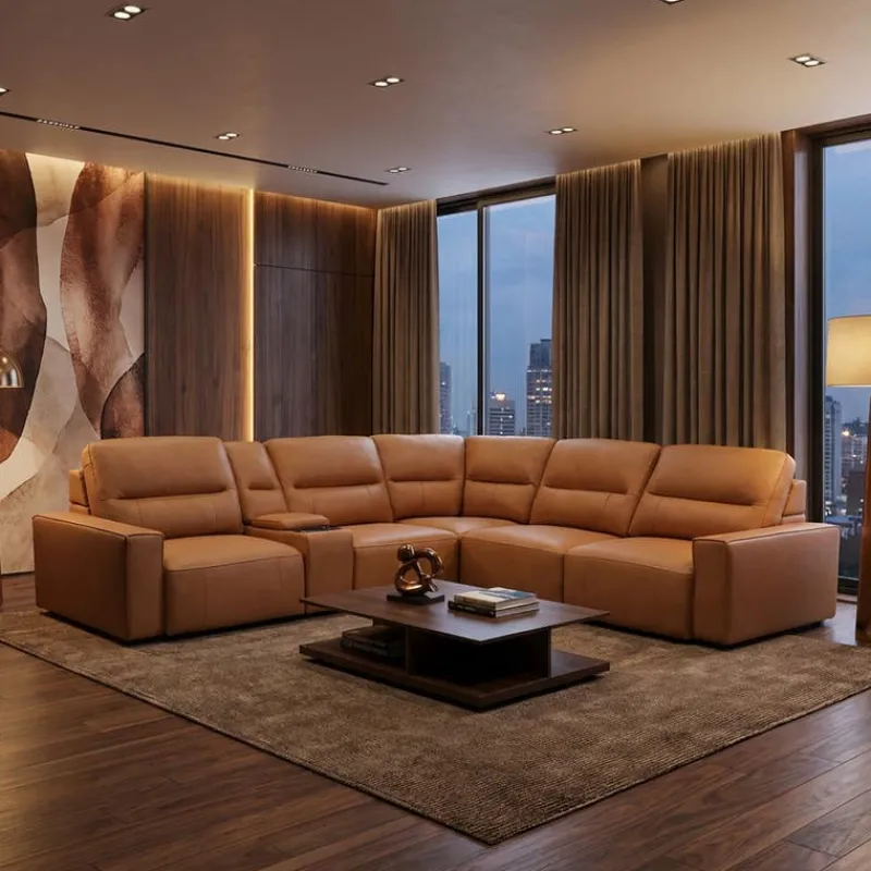 Genuine Leather Modular Sectional with Power Sliding Seats and Media Console - 6 pcs