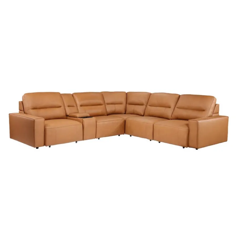 Genuine Leather Modular Sectional with Power Sliding Seats and Media Console - 6 pcs