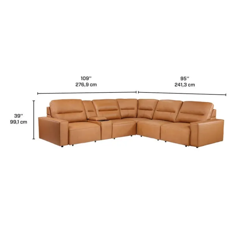 Genuine Leather Modular Sectional with Power Sliding Seats and Media Console - 6 pcs