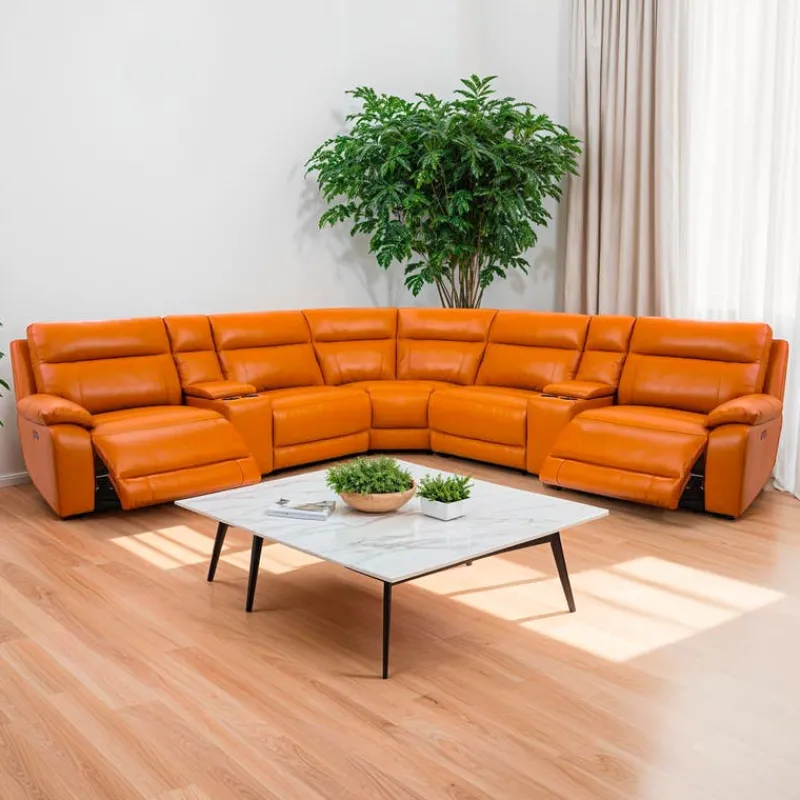 Genuine Leather Power Modular Reclining Sectional with 2 Consoles - 7 pcs