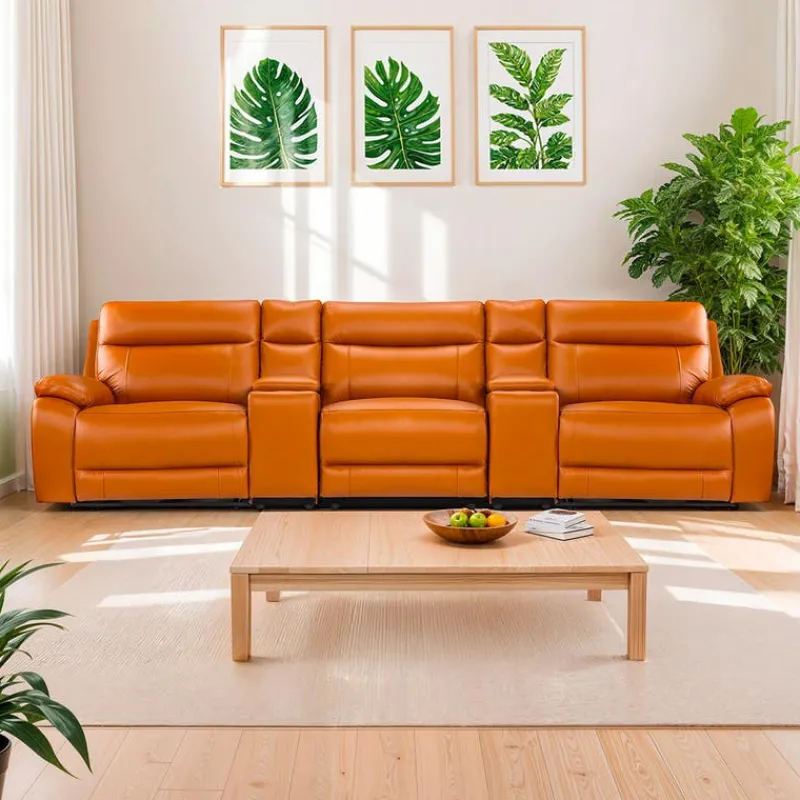 Genuine Leather Power Modular Reclining Sofa with 2 Consoles - 5 pcs