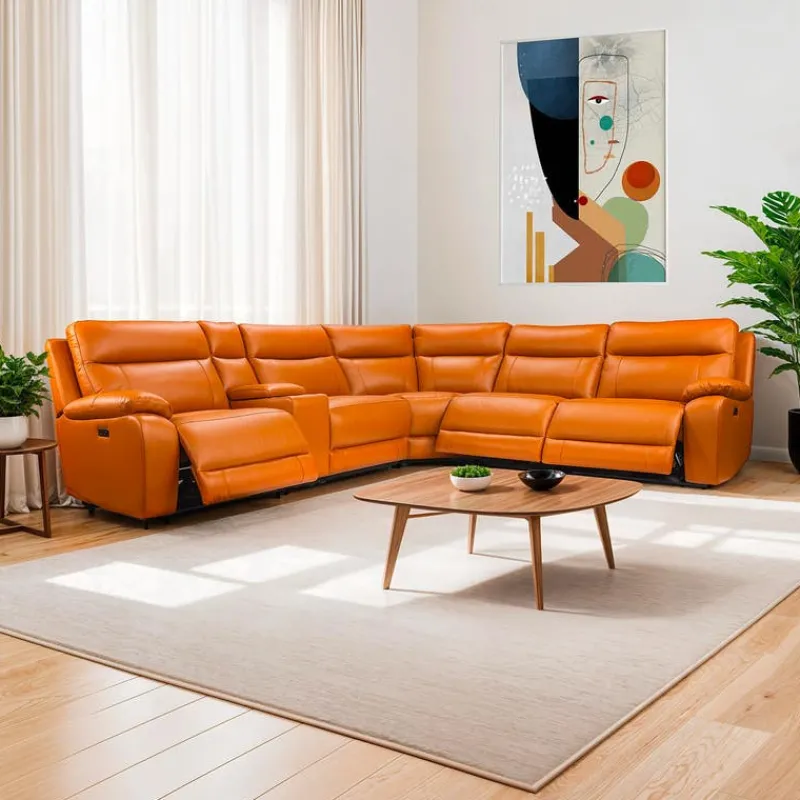 Genuine Leather Power Modular Reclining Sectional with Console - 6 pcs