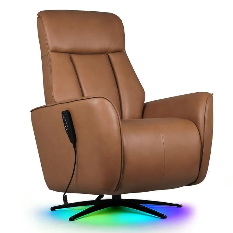 Genuine Leather Power Recliner and Swivel Chair with 4 Motors, Massage, Built-In Speakers, and LED Lighting