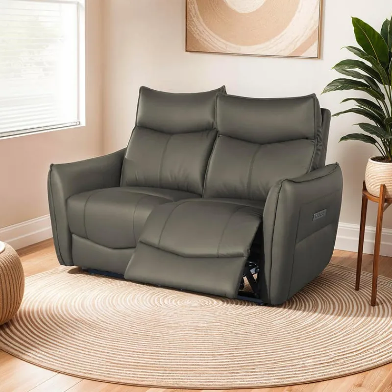 Genuine Leather Power Reclining Loveseat with 3 Motors - Headrest, Footrest & Lumbar Support