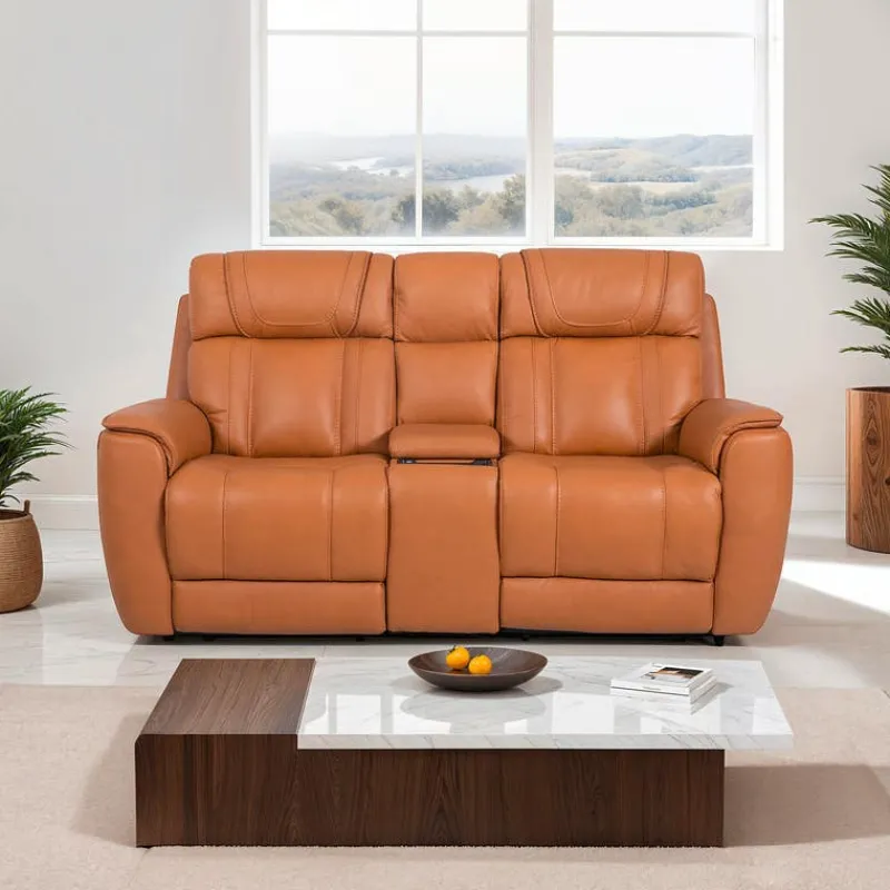 Genuine Leather Power Reclining Modular Loveseat with Adjustable Headrests, Console and Retractable Cup Holders - 3 pcs