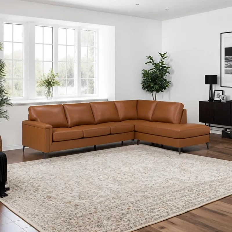 Sofa By Fancy Genuine Leather Sectional with Right-Side Chaise - Cognac