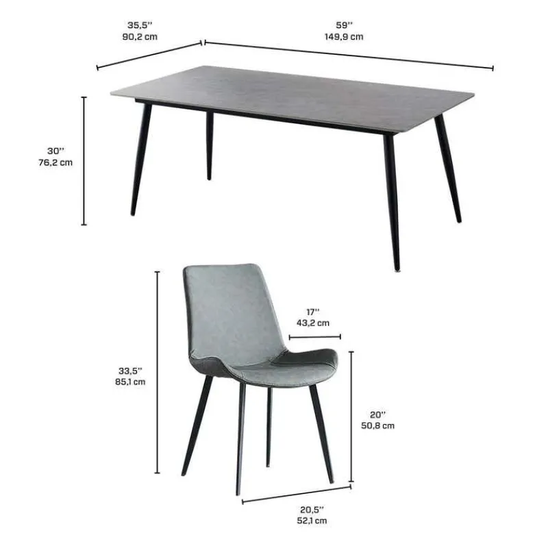 Grey Sintered Stone Dining Set with 4 Grey Chairs - 59"