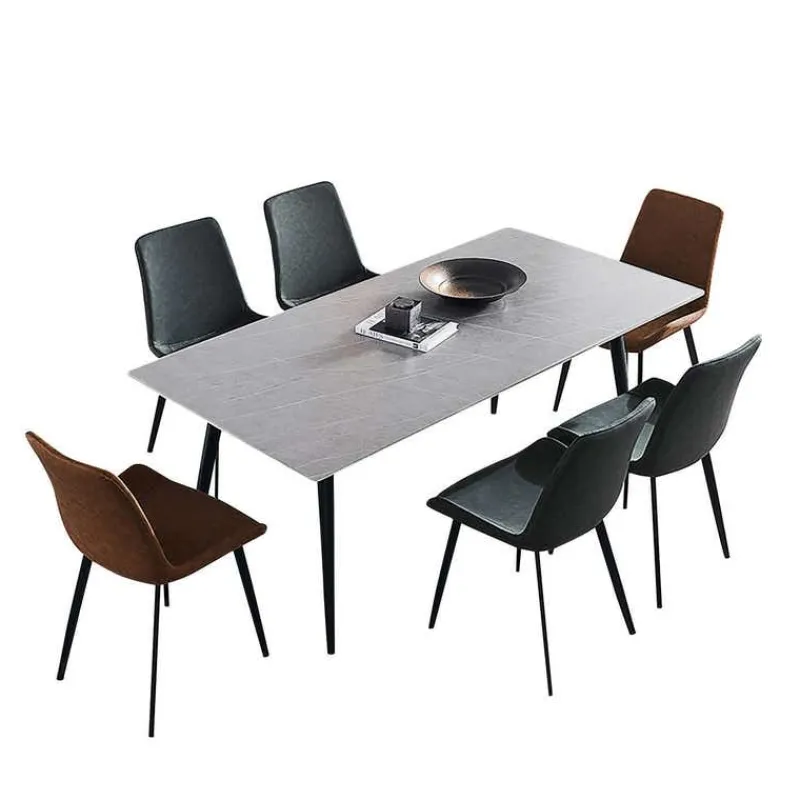 Grey Sintered Stone Dining Set with 4 Grey Chairs and 2 Cognac Chairs - 59"