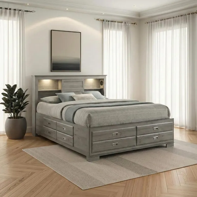 King Bed with Drawers & Multifunctional Headboard with Speakers - 78"
