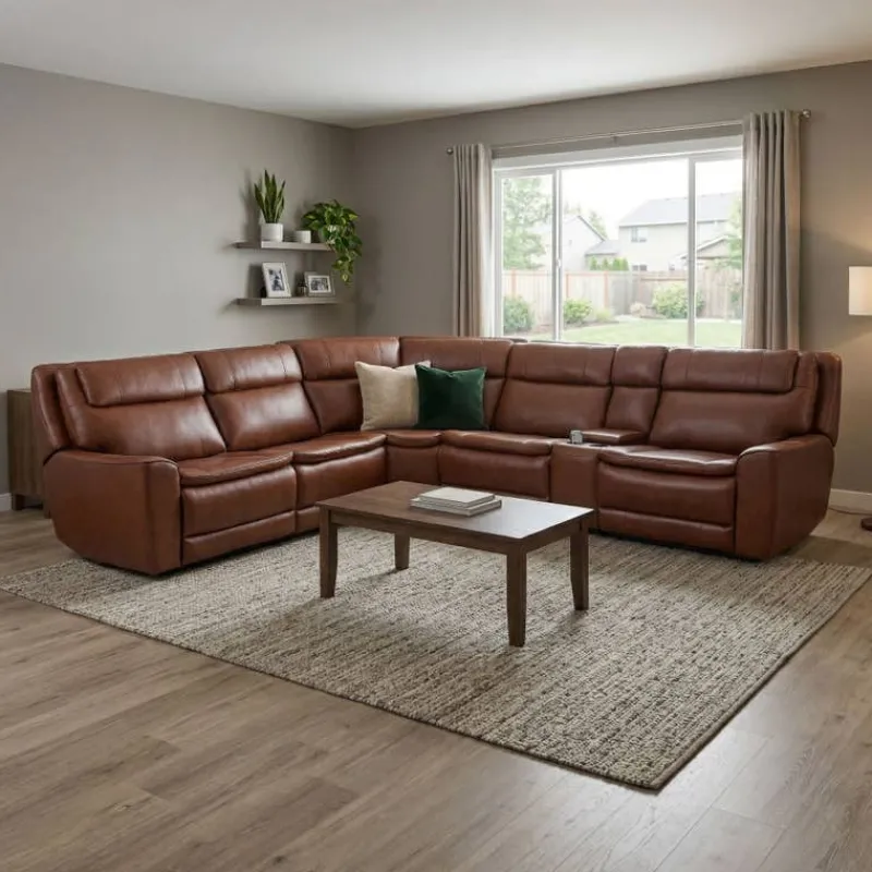 Leather Power Sectional with Massage, Heat and Audio Console - 6 pcs