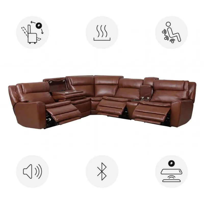 Leather Power Sectional with Massage, Heat and Audio Console - 6 pcs