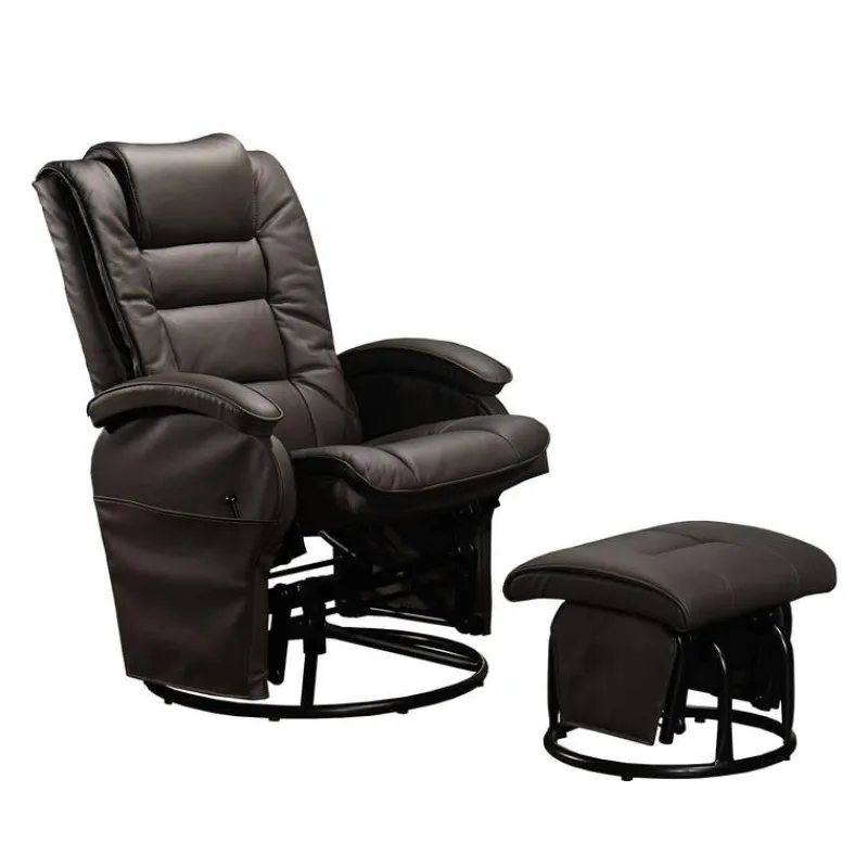 Leather Reclining Ball-Bearing Swivel Glider with Ottoman - Brown