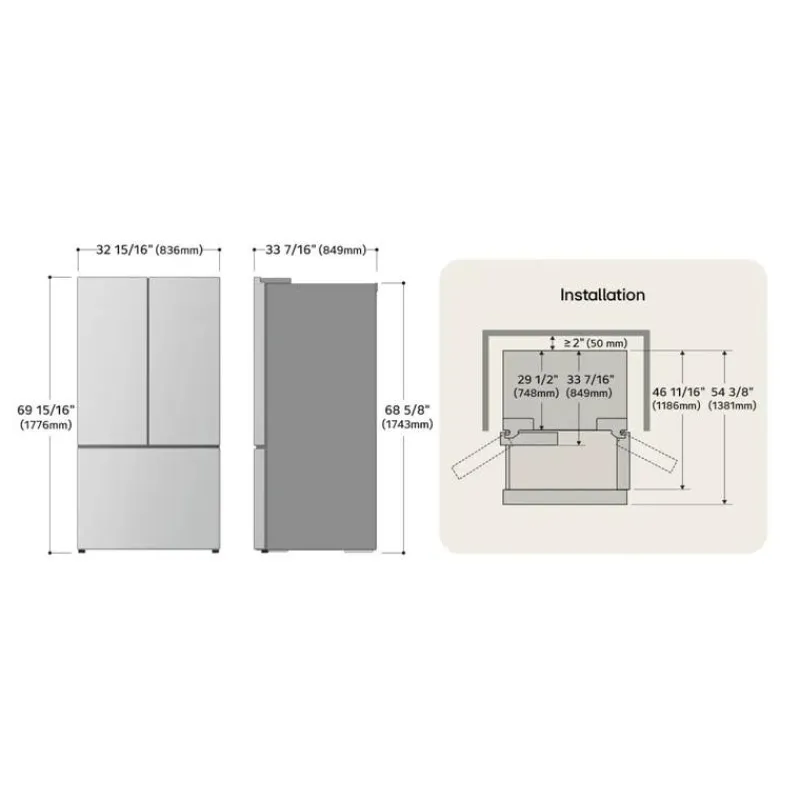 LG 33 in 25 cu ft Refrigerator Bottom Freezer, French door - LF25S6330S