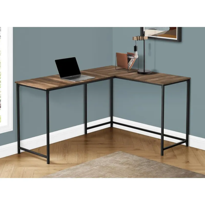 Monarch L-shaped computer desk - corner / metal base / large desk - 58"l x 44"w - bro -