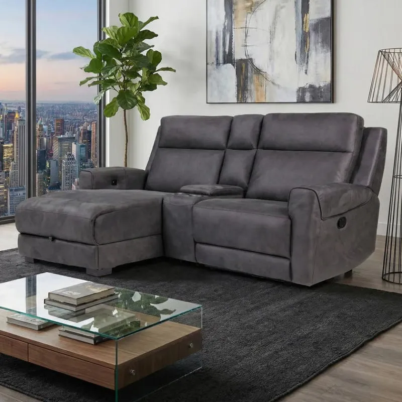 Modular Reclining Loveseat, Chaise with Storage, Console with Cup Holders, and USB/USB-C Ports - 3 pcs