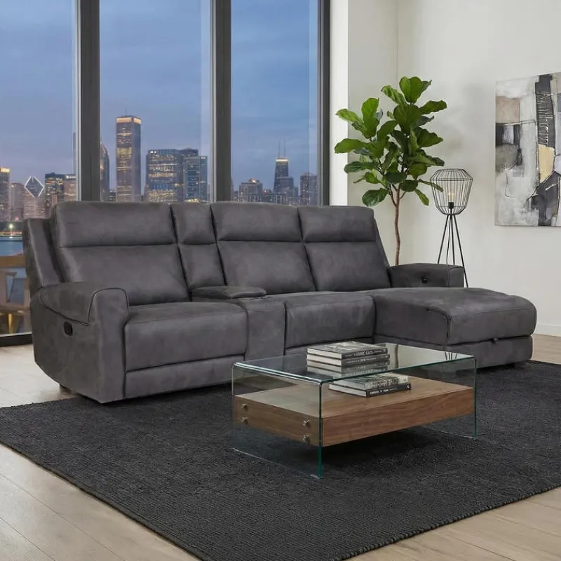 Modular Reclining Sectional, Fold-Down Seat, Chaise with Storage, Console with Cup Holders, and USB/USB-C Ports - 4 pcs