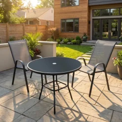 Outdoor Steel Round Dining Table with 2 Chairs