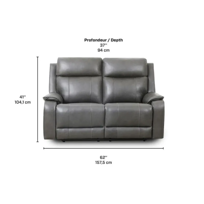 Power Leather Reclining Loveseat with Adjustable Headrests - Grey