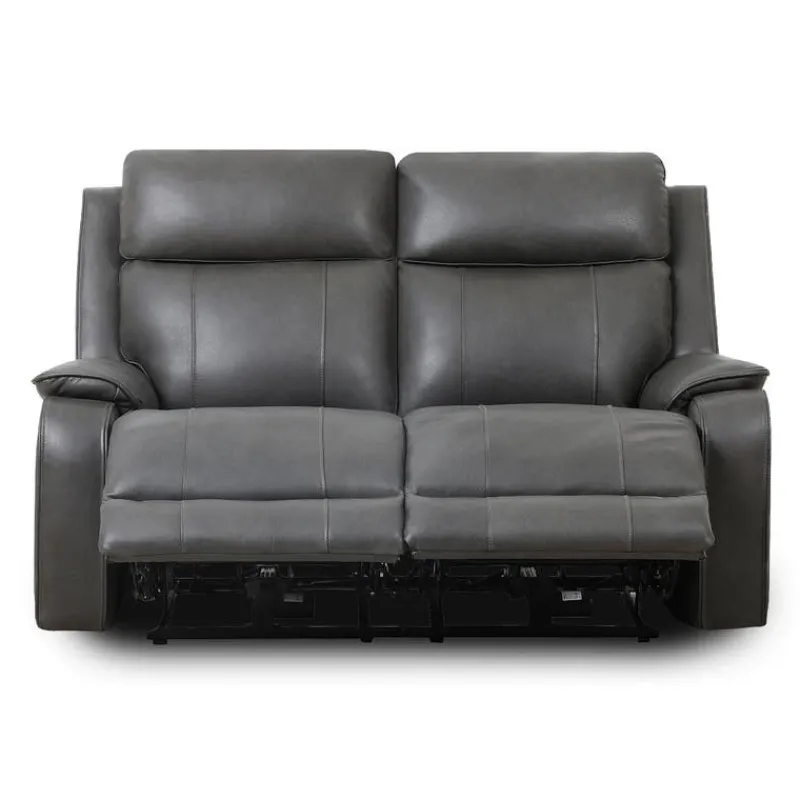 Power Leather Reclining Loveseat with Adjustable Headrests - Grey