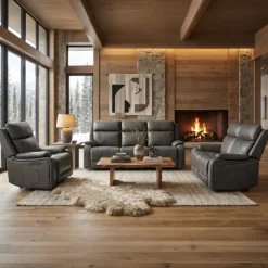 Power Leather Reclining Loveseat with Adjustable Headrests - Grey