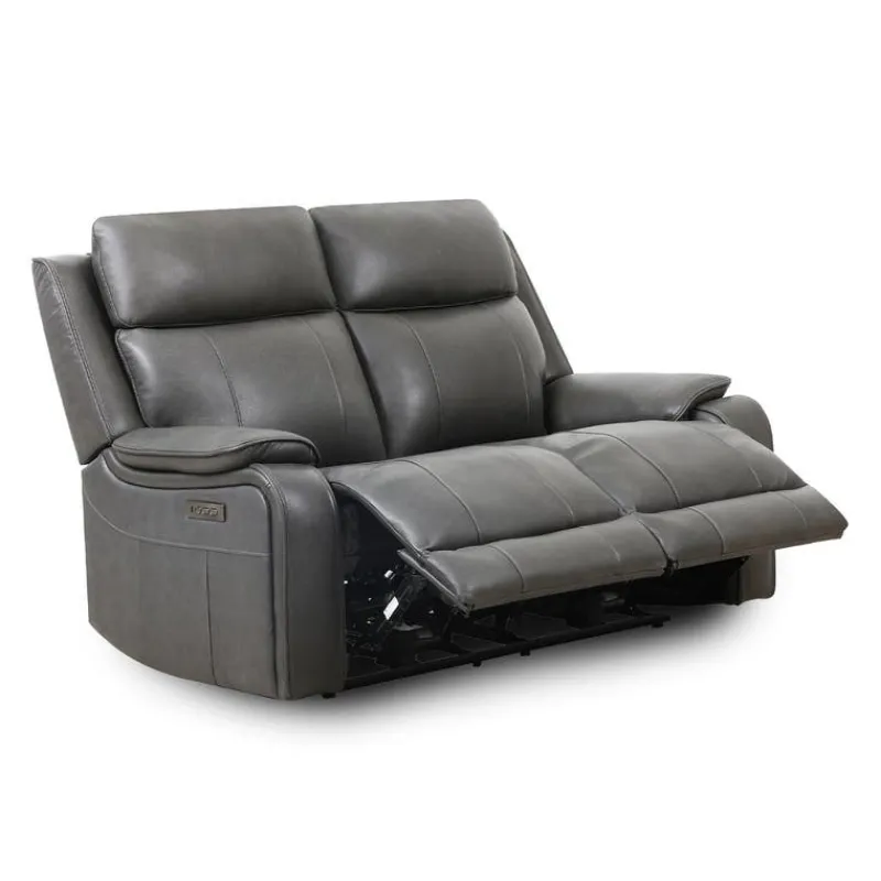 Power Leather Reclining Loveseat with Adjustable Headrests - Grey