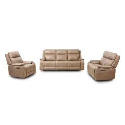 Power Leather Reclining Loveseat with Adjustable Headrests - Taupe