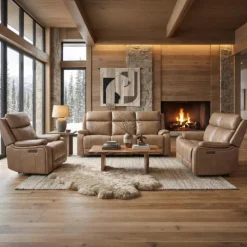 Power Leather Reclining Loveseat with Adjustable Headrests - Taupe