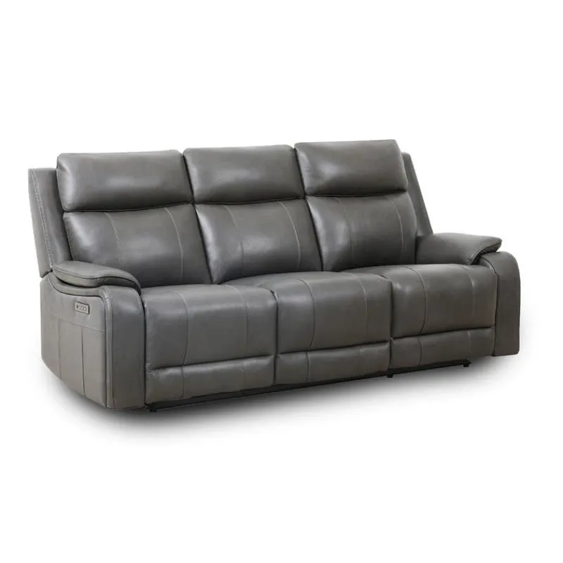 Power Leather Reclining Sofa with Adjustable Headrests - Grey