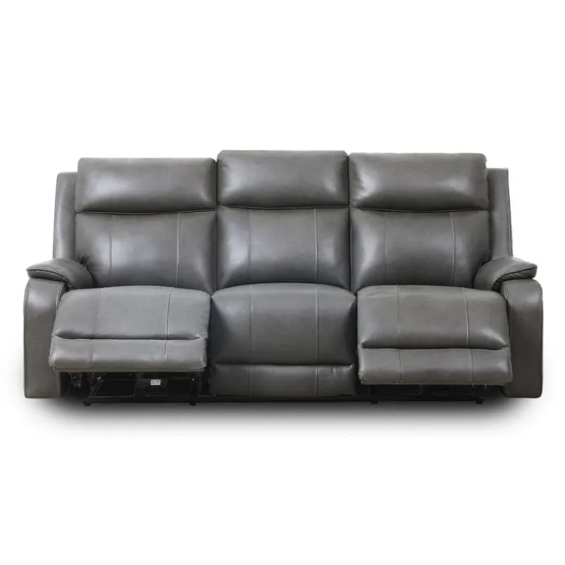 Power Leather Reclining Sofa with Adjustable Headrests - Grey