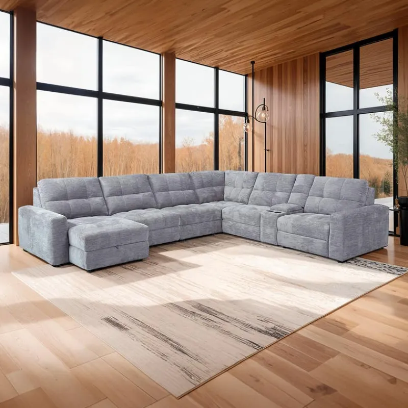 Power Modular Reclining Sectional with 2 Sliders, Left-Side Chaise with Storage, and Console - 7 pcs
