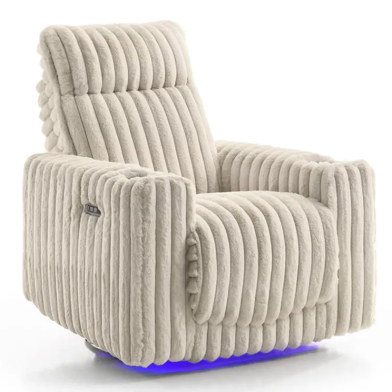 Power Swivel Corduroy Velvet Rocker Recliner with Cup Holders and LED Lighting -