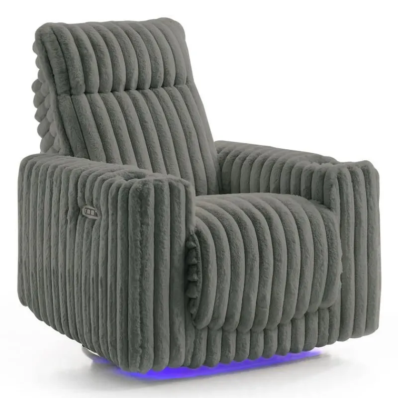 Power Swivel Corduroy Velvet Rocker Recliner with Cup Holders and LED Lighting -
