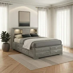 Queen Bed with Drawers & Multifunctional Headboard with Speakers - 60"
