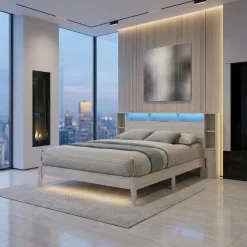 Queen Bed with LED, Wireless Charger, USB and Storage - 60"