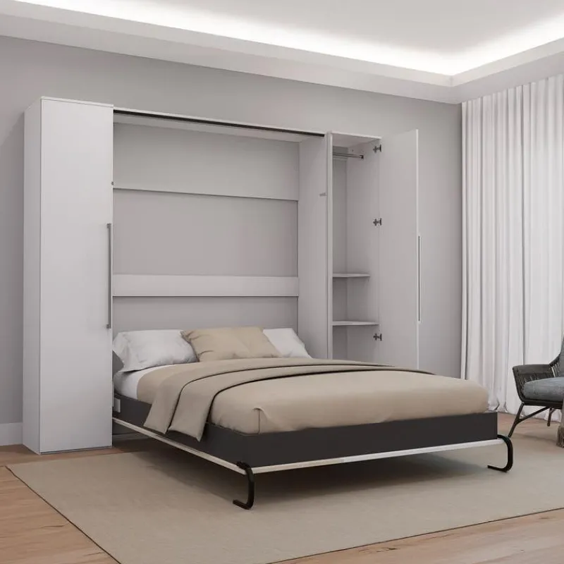 Queen Murphy Bed with Storage Units - White &