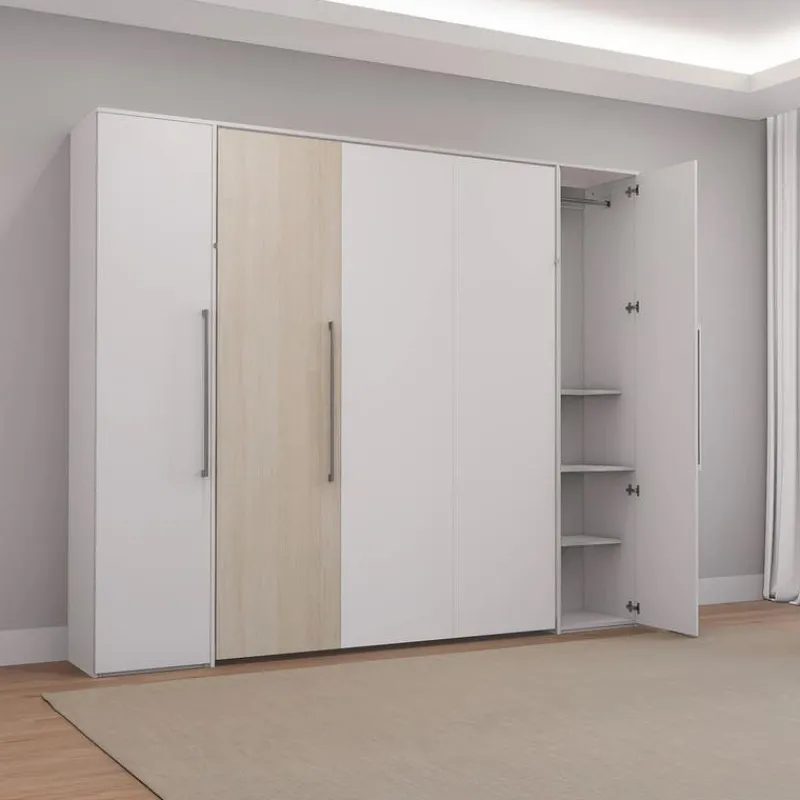 Queen Murphy Bed with Storage Units - White &