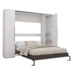 Queen Murphy Bed with Storage Units - White &